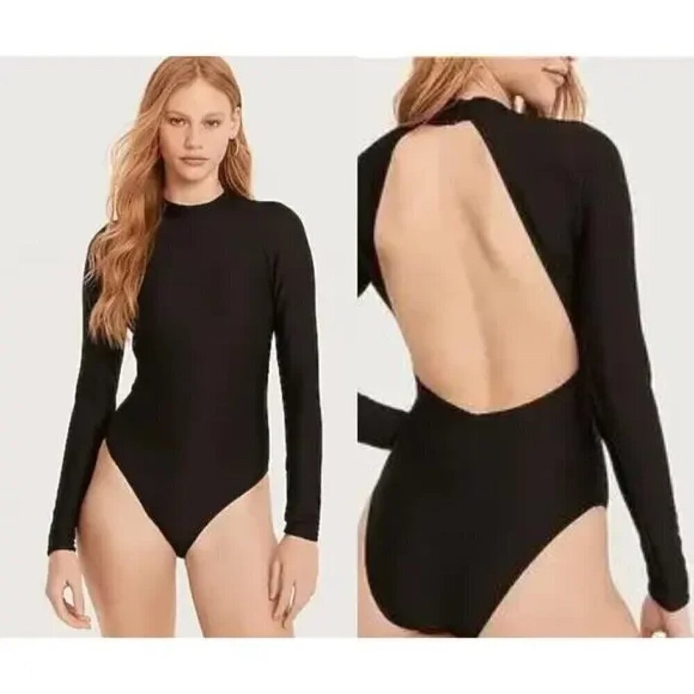 Black Ribbed Long Sleeve Open Back One Piece Swimsuit Mock‎ Neck Rash Guard